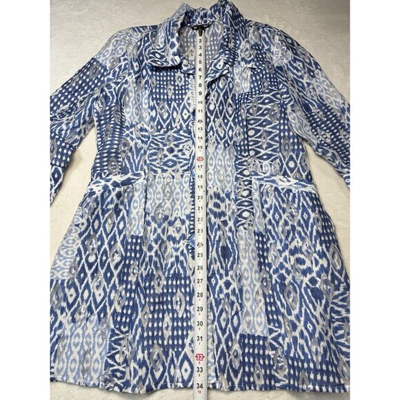 Samuel Dong Ikat Sheer Jacket Blue White Art Print Lightweight Coat SZ L - Picture 5 of 12